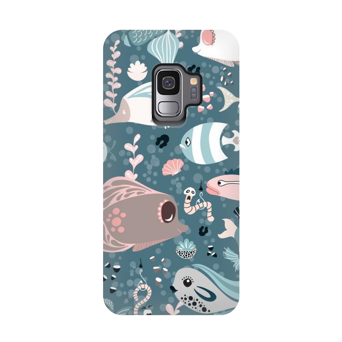 Galaxy S9 StrongFit Funny Fish in Blue and White by Paula Ohreen