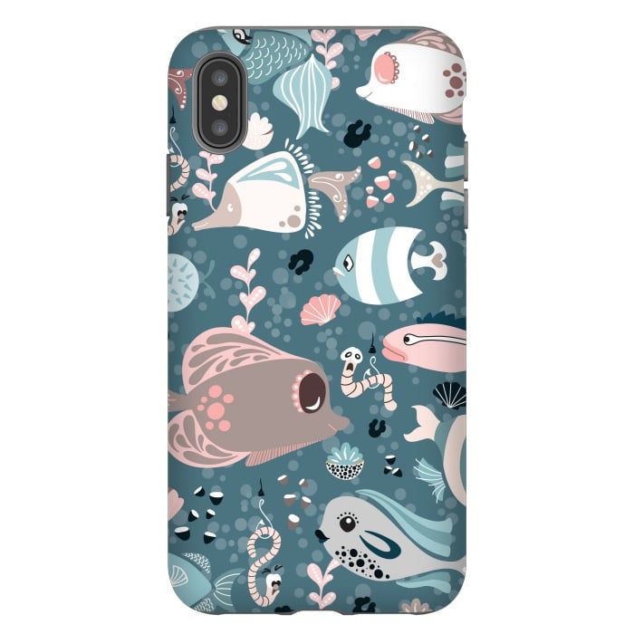 iPhone Xs Max StrongFit Funny Fish in Blue and White by Paula Ohreen