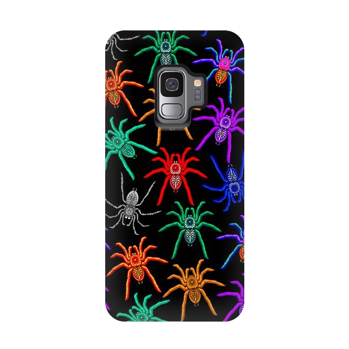 Galaxy S9 StrongFit Spiders Pattern Colorful Tarantulas on Black by BluedarkArt