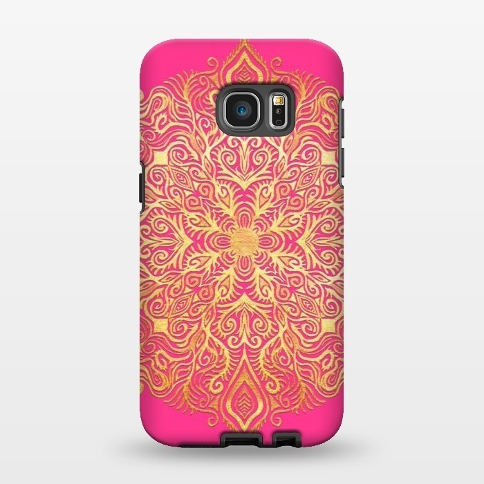 Galaxy S7 EDGE StrongFit Ornate Gold Mandala on Hot Pink by Micklyn Le Feuvre