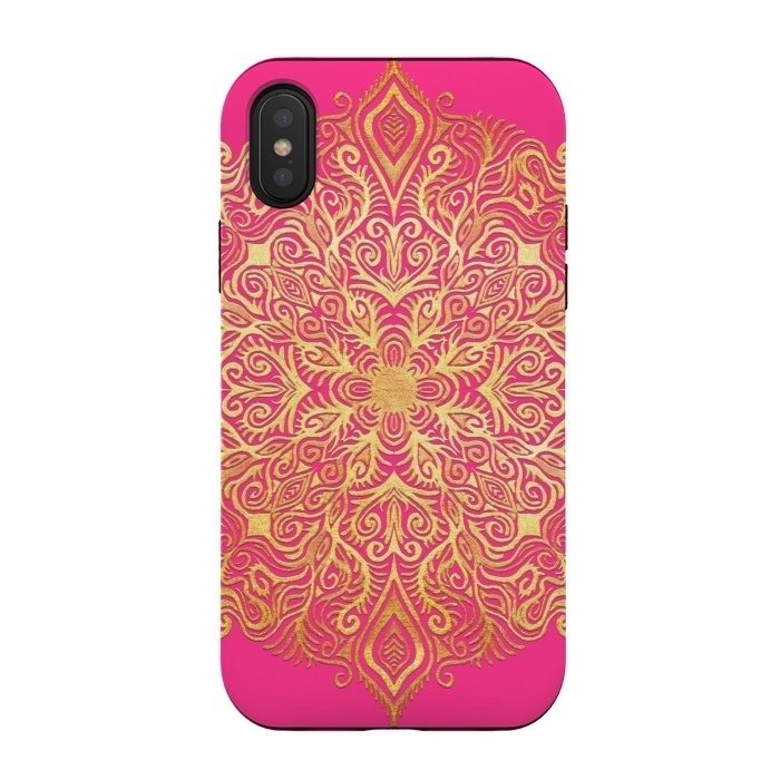 iPhone Xs / X StrongFit Ornate Gold Mandala on Hot Pink by Micklyn Le Feuvre