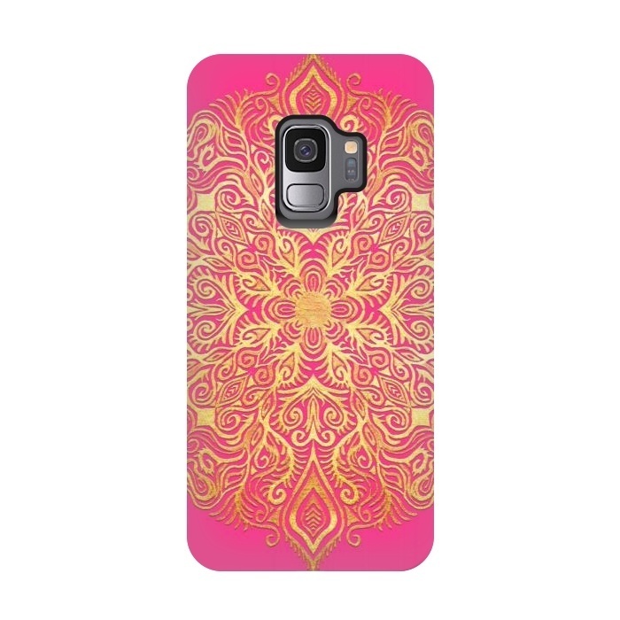 Galaxy S9 StrongFit Ornate Gold Mandala on Hot Pink by Micklyn Le Feuvre