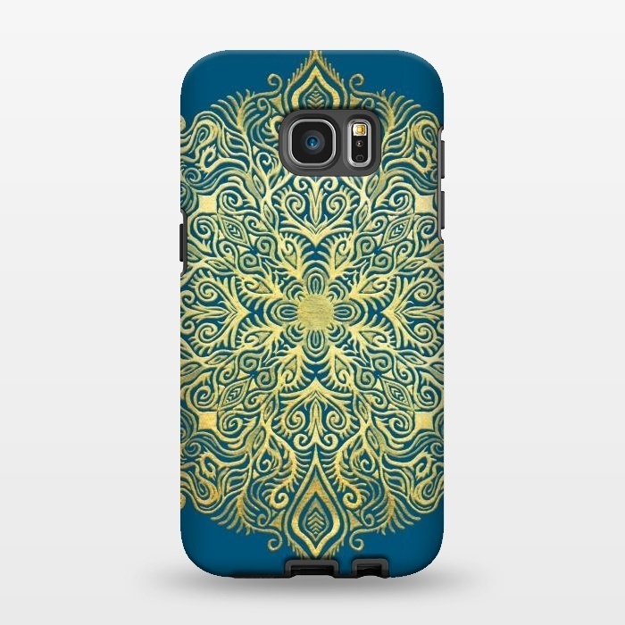 Galaxy S7 EDGE StrongFit Ornate Gold Mandala on Deep Blue by Micklyn Le Feuvre