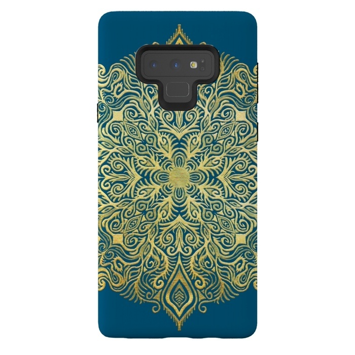 Galaxy Note 9 StrongFit Ornate Gold Mandala on Deep Blue by Micklyn Le Feuvre