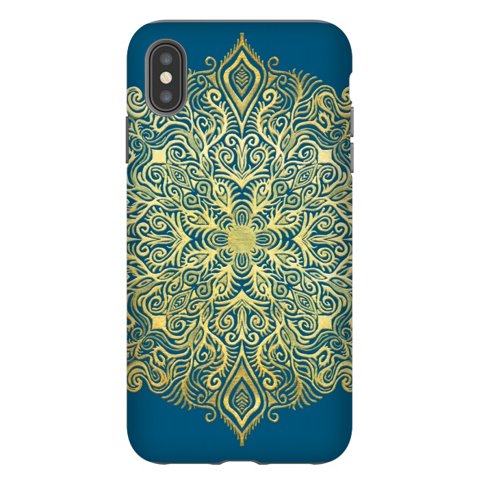 iPhone Xs Max StrongFit Ornate Gold Mandala on Deep Blue by Micklyn Le Feuvre