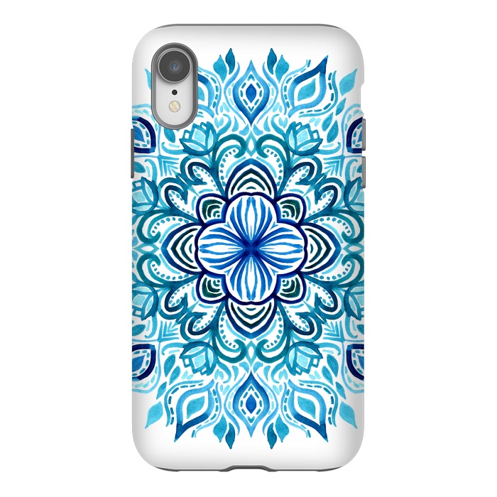iPhone Xr StrongFit Watercolor Blues Lotus Mandala by Micklyn Le Feuvre