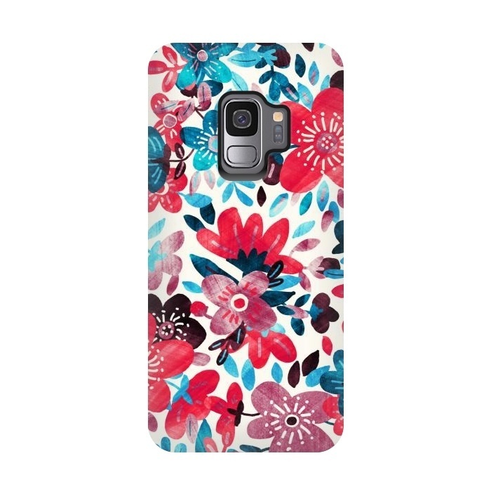 Galaxy S9 StrongFit Happy Red & Blue Floral Collage  by Micklyn Le Feuvre
