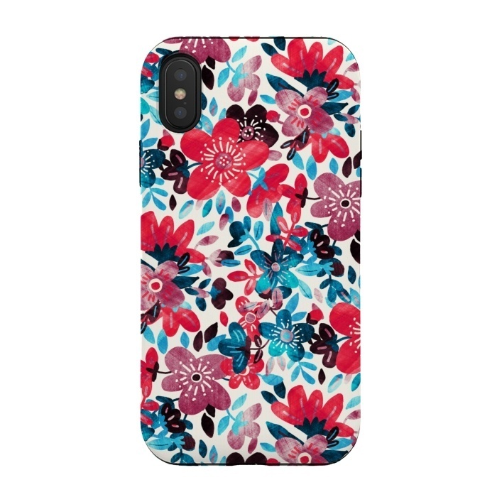 iPhone Xs / X StrongFit Cheerful Red and Blue Floral Pattern by Micklyn Le Feuvre