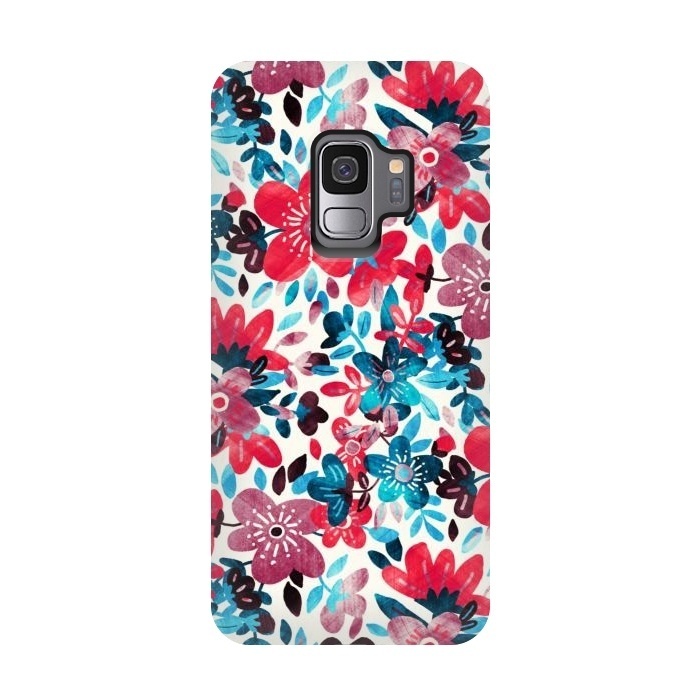 Galaxy S9 StrongFit Cheerful Red and Blue Floral Pattern by Micklyn Le Feuvre