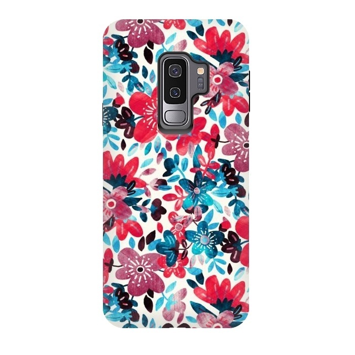 Galaxy S9 plus StrongFit Cheerful Red and Blue Floral Pattern by Micklyn Le Feuvre