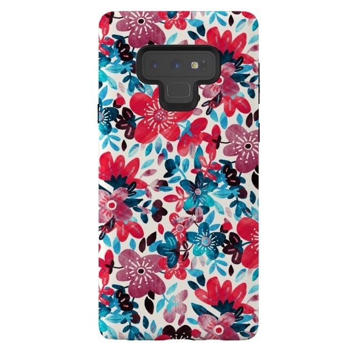 Galaxy Note 9 StrongFit Cheerful Red and Blue Floral Pattern by Micklyn Le Feuvre