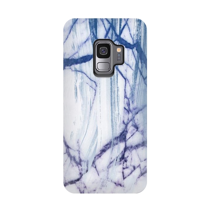 Galaxy S9 StrongFit White marble with blue cracks brushstrokes by Oana 