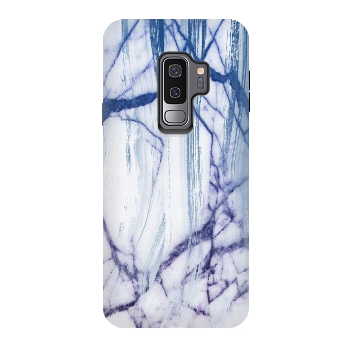 Galaxy S9 plus StrongFit White marble with blue cracks brushstrokes by Oana 