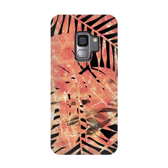 Galaxy S9 StrongFit Golden palm and ficus tropical marble leaves on black background by Oana 