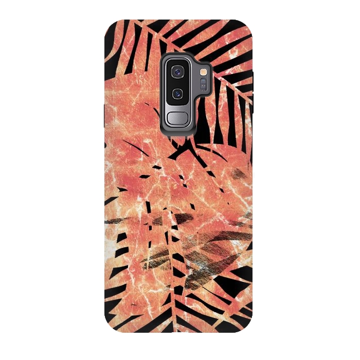 Galaxy S9 plus StrongFit Golden palm and ficus tropical marble leaves on black background by Oana 