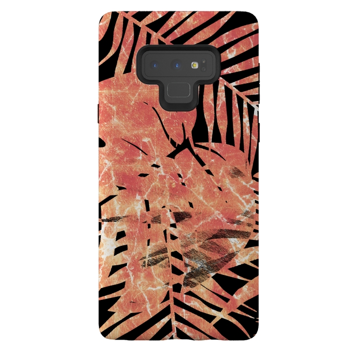 Galaxy Note 9 StrongFit Golden palm and ficus tropical marble leaves on black background by Oana 