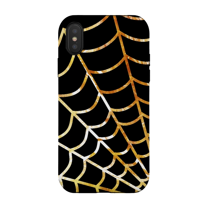 iPhone Xs / X StrongFit Golden spider web on black - line art Halloween illustration by Oana 