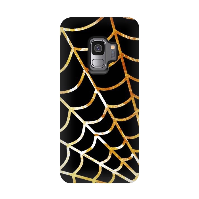 Galaxy S9 StrongFit Golden spider web on black - line art Halloween illustration by Oana 
