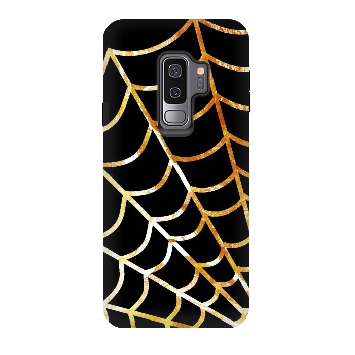 Galaxy S9 plus StrongFit Golden spider web on black - line art Halloween illustration by Oana 