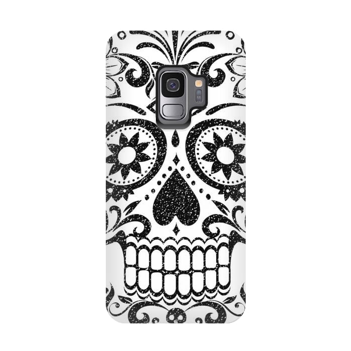 Galaxy S9 StrongFit Black glitter decorated floral sugar skull - Halloween by Oana 