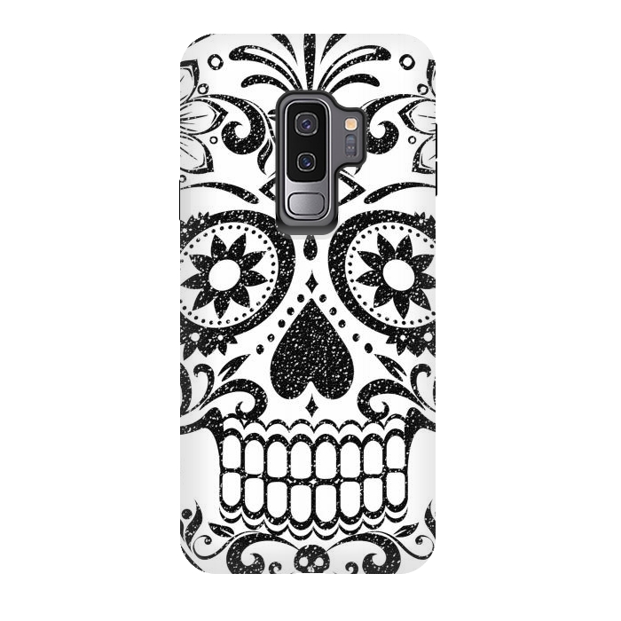 Galaxy S9 plus StrongFit Black glitter decorated floral sugar skull - Halloween by Oana 