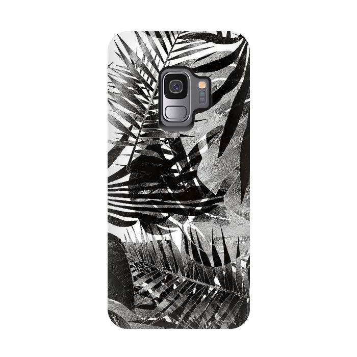 Galaxy S9 StrongFit Black ink tropical palm and ficus leaves monochrome jungle by Oana 