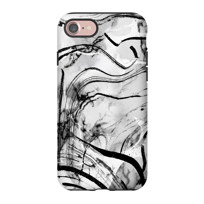 iPhone 7 StrongFit Minimal white gray marble with black ink brushstroke stripes by Oana 