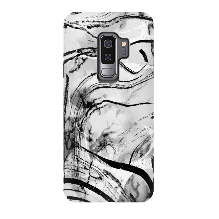 Galaxy S9 plus StrongFit Minimal white gray marble with black ink brushstroke stripes by Oana 