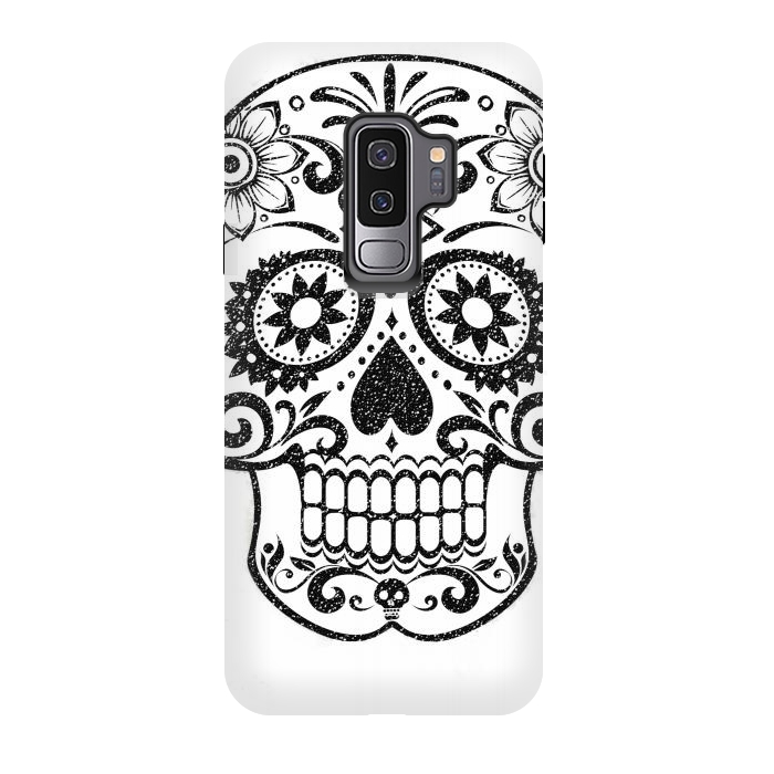 Galaxy S9 plus StrongFit Day of the Dead floral black glitter sugar skull by Oana 