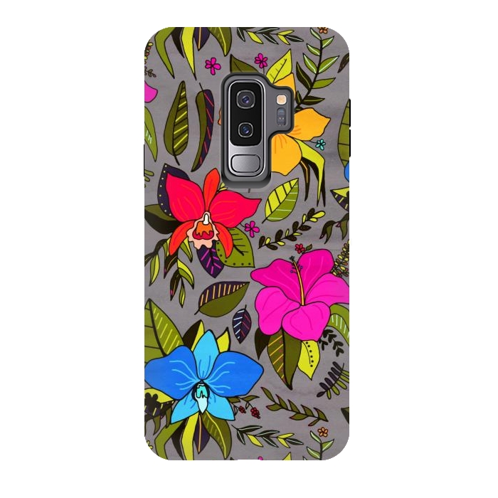 Galaxy S9 plus StrongFit Tropical Floral On Grey  by Tigatiga
