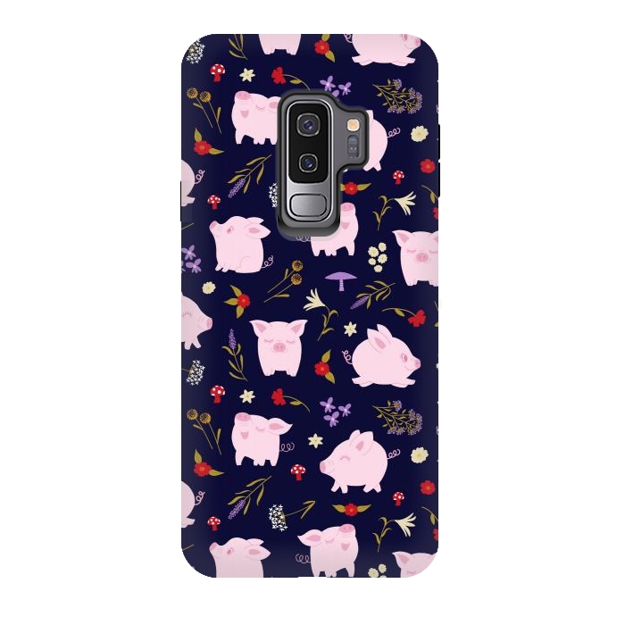 Galaxy S9 plus StrongFit Cute Pigs Dancing Around Floral Motif by Portia Monberg