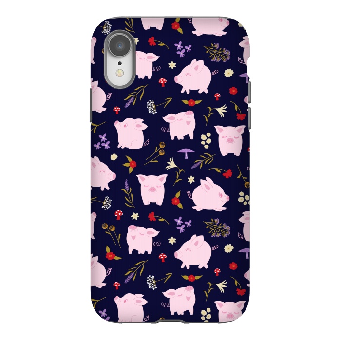 iPhone Xr StrongFit Cute Pigs Dancing Around Floral Motif by Portia Monberg