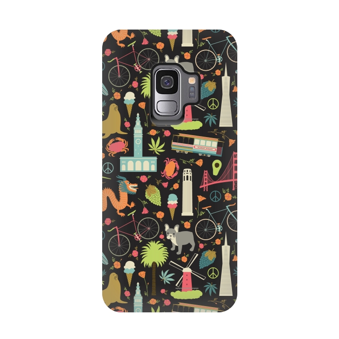 Galaxy S9 StrongFit San Francisco themed pattern featuring the golden gate bridge, burritos by Portia Monberg