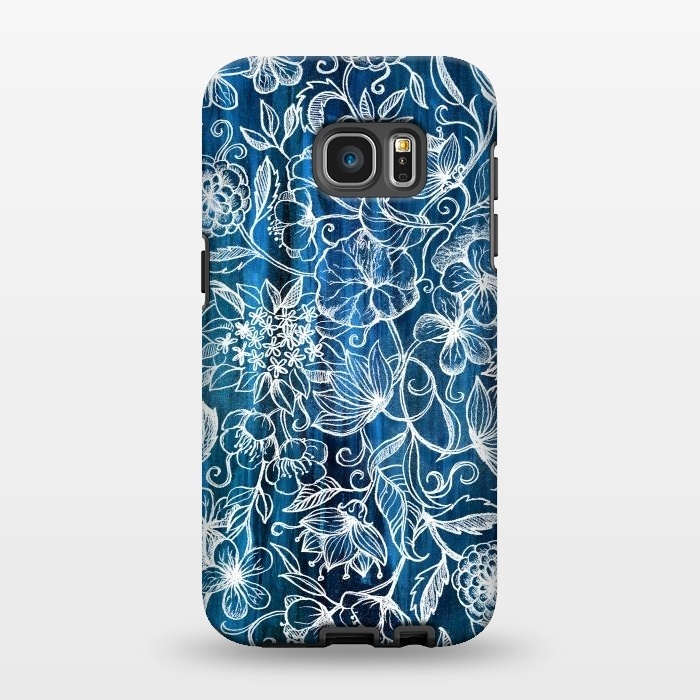Galaxy S7 EDGE StrongFit In Her Garden - white floral drawing on blue by Micklyn Le Feuvre