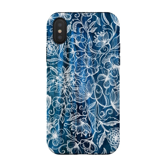 iPhone Xs / X StrongFit In Her Garden - white floral drawing on blue by Micklyn Le Feuvre