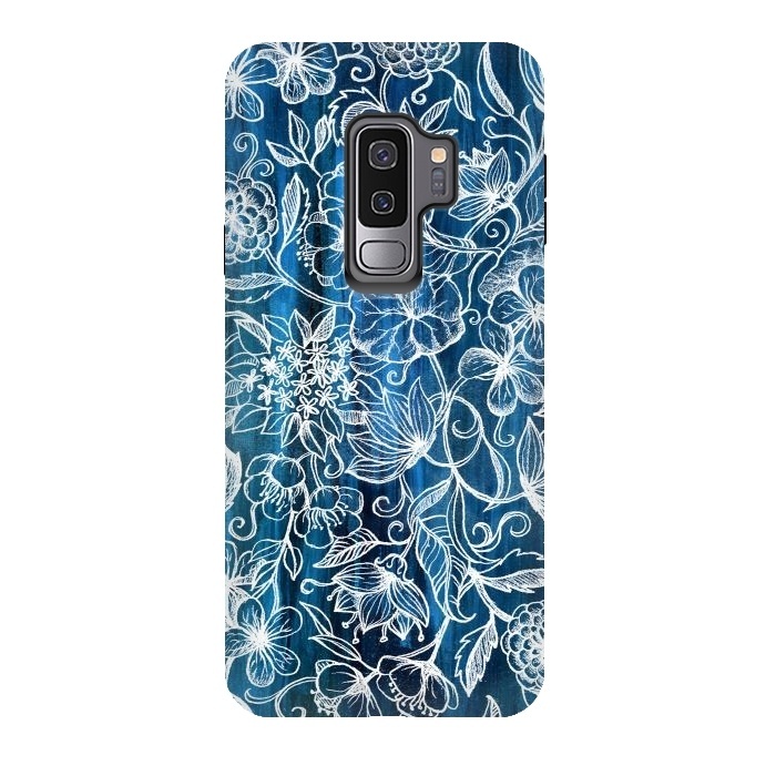 Galaxy S9 plus StrongFit In Her Garden - white floral drawing on blue by Micklyn Le Feuvre