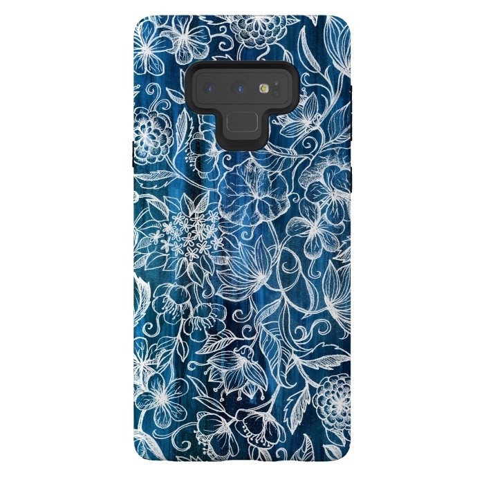 Galaxy Note 9 StrongFit In Her Garden - white floral drawing on blue by Micklyn Le Feuvre