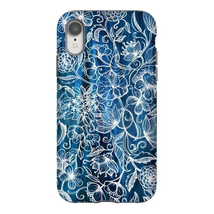 iPhone Xr StrongFit In Her Garden - white floral drawing on blue by Micklyn Le Feuvre
