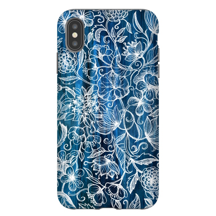 iPhone Xs Max StrongFit In Her Garden - white floral drawing on blue by Micklyn Le Feuvre