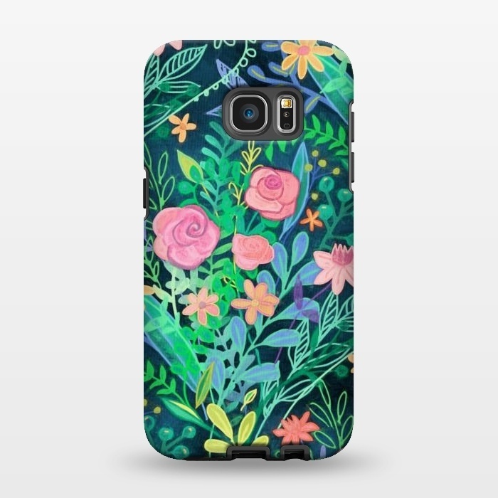 Galaxy S7 EDGE StrongFit Bright Floral Posie on Dark Green by Micklyn Le Feuvre