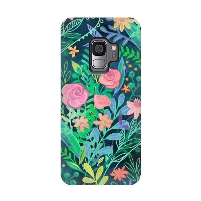 Galaxy S9 StrongFit Bright Floral Posie on Dark Green by Micklyn Le Feuvre