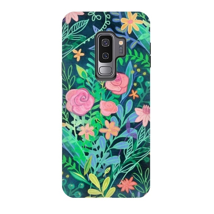 Galaxy S9 plus StrongFit Bright Floral Posie on Dark Green by Micklyn Le Feuvre