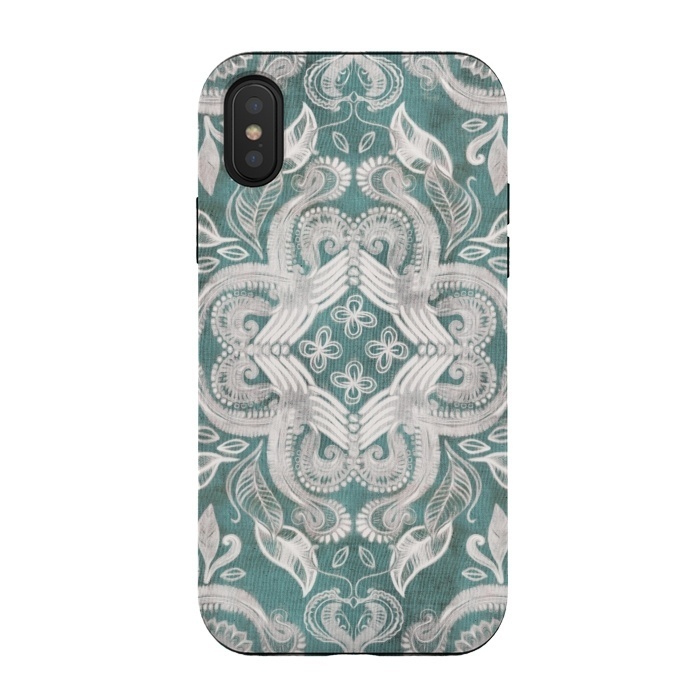 iPhone Xs / X StrongFit Dirty Denim Boho Pattern in Teal and Grey by Micklyn Le Feuvre