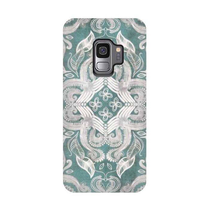 Galaxy S9 StrongFit Dirty Denim Boho Pattern in Teal and Grey by Micklyn Le Feuvre