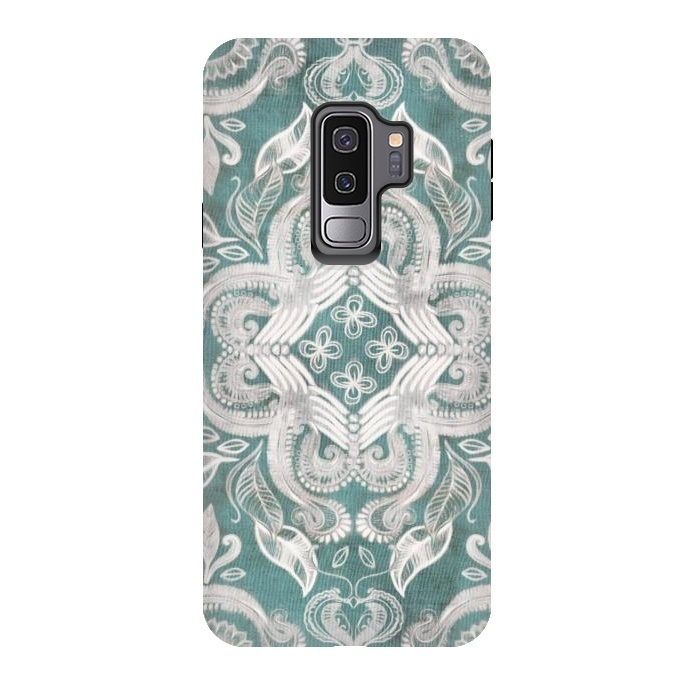 Galaxy S9 plus StrongFit Dirty Denim Boho Pattern in Teal and Grey by Micklyn Le Feuvre
