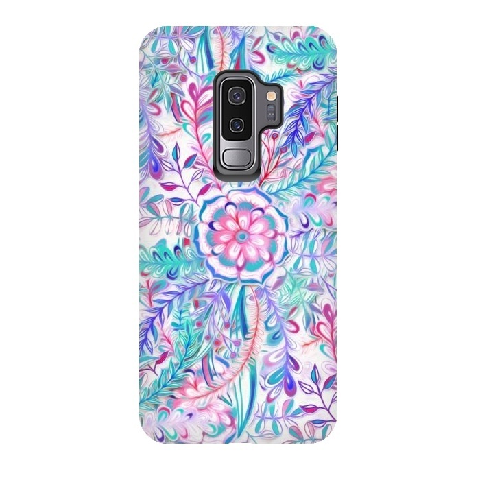 Galaxy S9 plus StrongFit Boho Flower Burst in Pink and Blue by Micklyn Le Feuvre