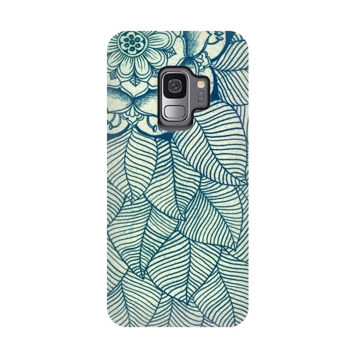 Galaxy S9 StrongFit Emerald Green, Navy & Cream Floral & Leaf doodle by Micklyn Le Feuvre