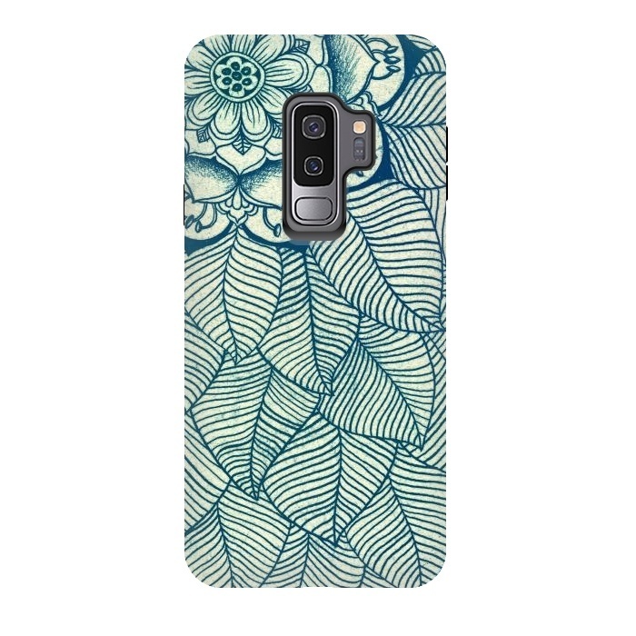 Galaxy S9 plus StrongFit Emerald Green, Navy & Cream Floral & Leaf doodle by Micklyn Le Feuvre