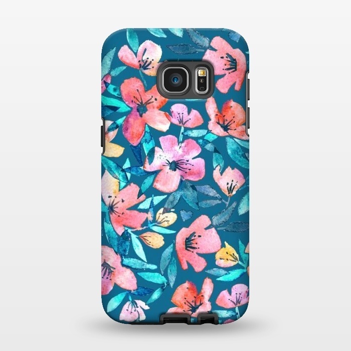 Galaxy S7 EDGE StrongFit Fresh Watercolor Floral on Teal Blue by Micklyn Le Feuvre