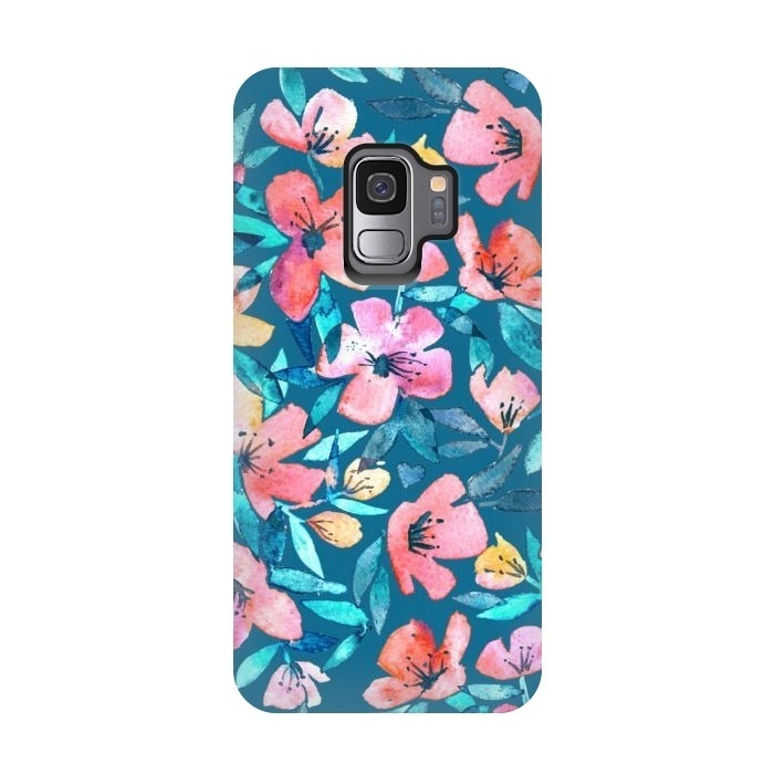 Galaxy S9 StrongFit Fresh Watercolor Floral on Teal Blue by Micklyn Le Feuvre